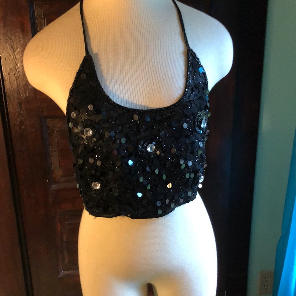 Halter top sz Med/ black silky material with sequins and faux diamonds/ties